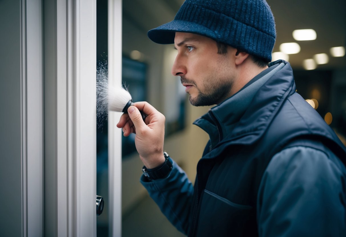 A detective carefully dusts for fingerprints on a doorknob, while a camera captures detailed close-up shots of the evidence