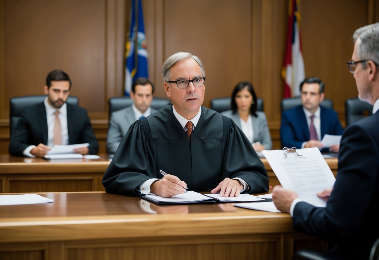 A courtroom with a judge presiding over a pre-trial motion hearing, with lawyers presenting arguments and legal documents being exchanged