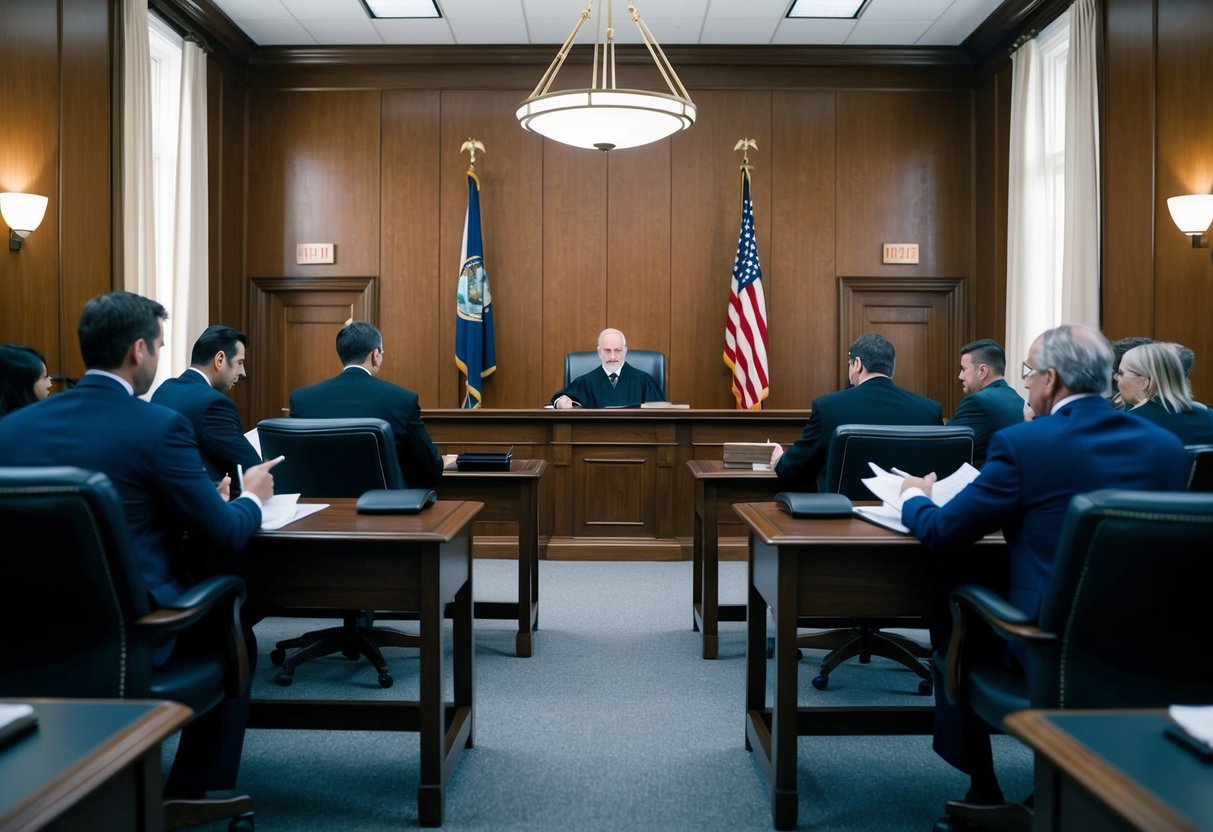 A courtroom with lawyers at their desks, discussing pre-trial motions as a judge presides over the hearing