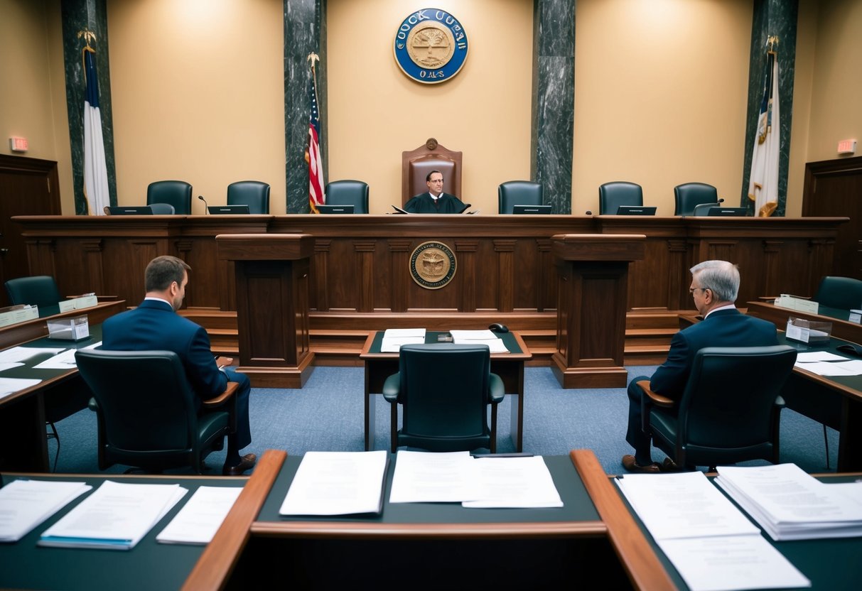 A courtroom with a judge's bench, podiums for attorneys, and seating for spectators, with legal documents and evidence displayed on tables