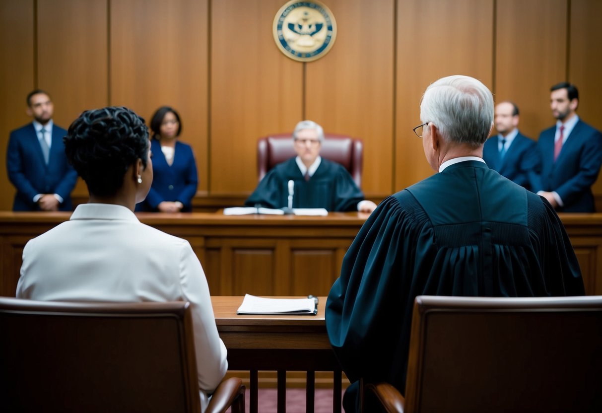 A judge sitting behind a raised bench, facing a defendant standing in the courtroom. The defendant's lawyer is seen presenting arguments while the prosecution looks on