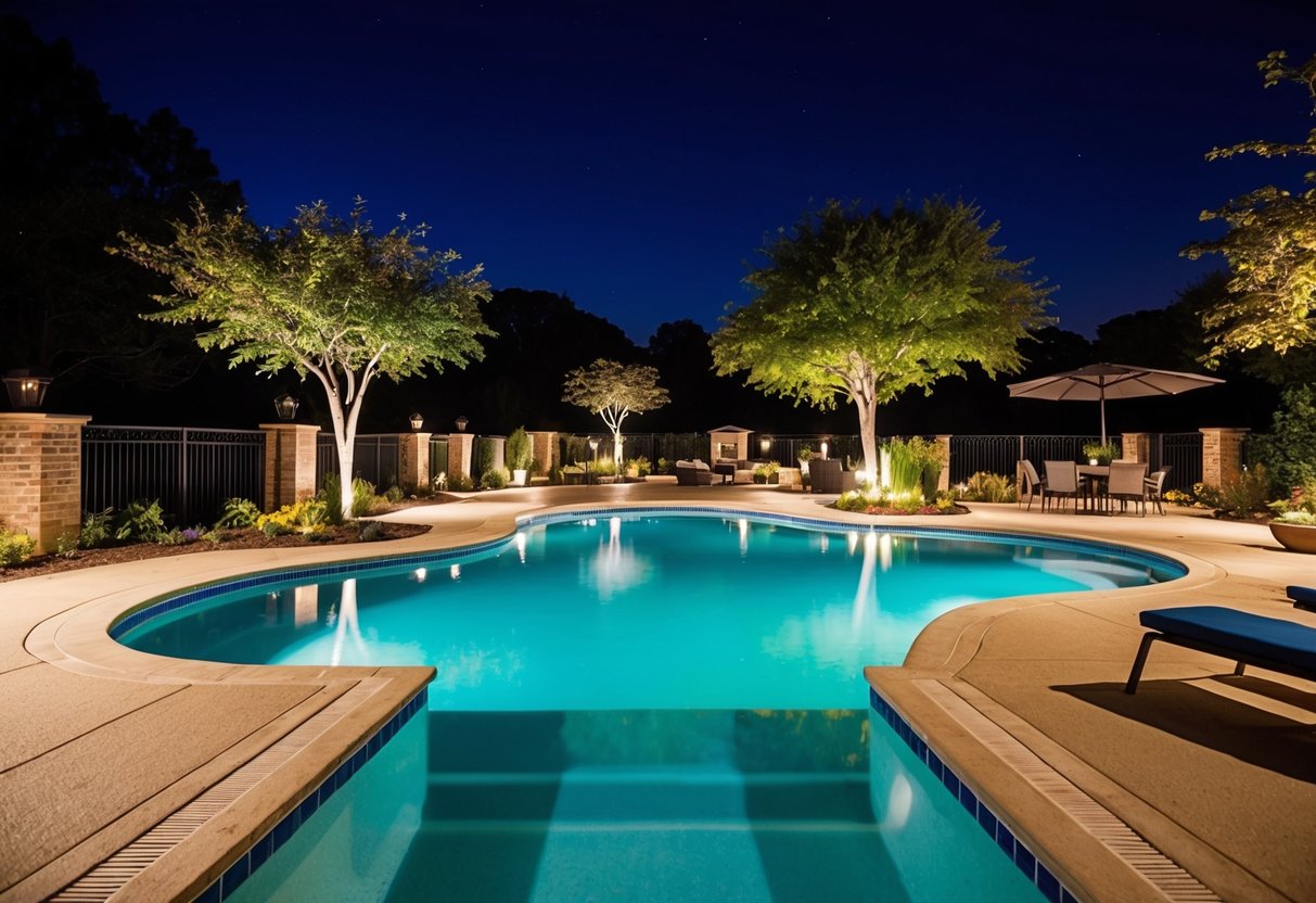 The pool area at night, with upgraded lighting illuminating the water and surrounding landscape, creating a warm and inviting atmosphere