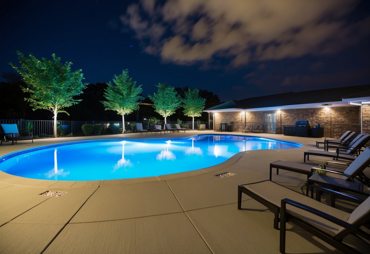 A well-lit pool area at night, with bright, energy-efficient LED lights illuminating the water and surrounding deck, creating a safe and inviting atmosphere