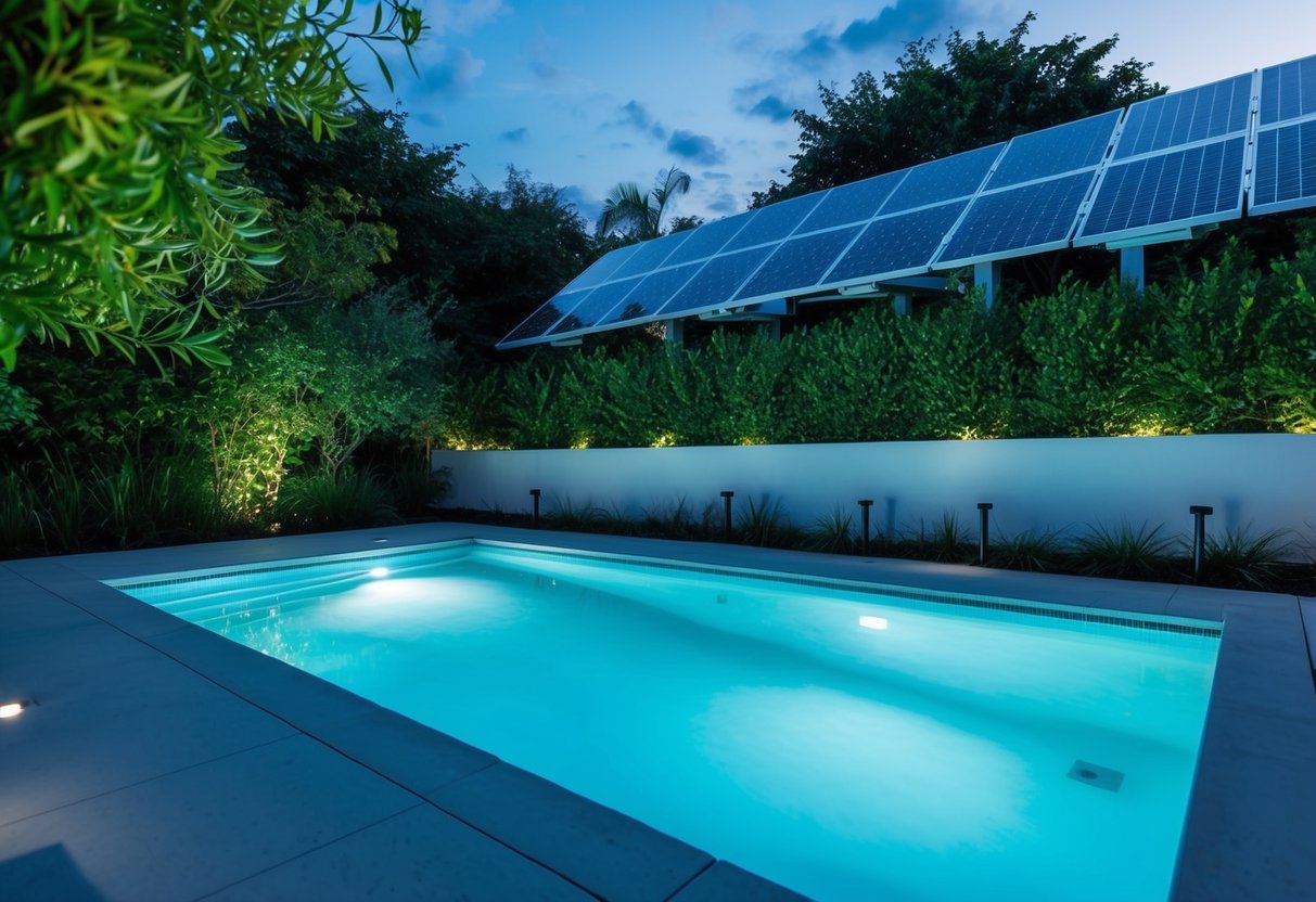 A modern pool with LED lighting, surrounded by lush greenery and solar panels, showcasing the economic and environmental advantages of upgrading pool lighting