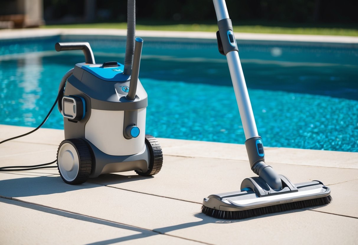 A pool with upgraded cleaning equipment: robotic vacuum, skimmer, and brush attached to a telescopic pole. The water is clear and the pool deck is clean