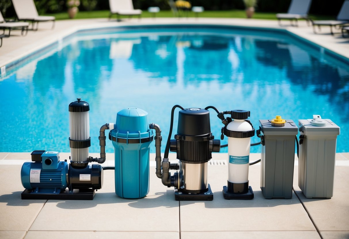 A pool with a variety of water sanitization equipment such as pumps, filters, and chemical dispensers arranged neatly around the perimeter