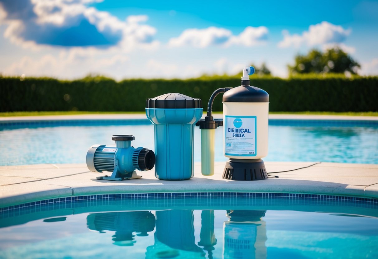 A pool with a pump, filter, and chemical sanitizer dispenser installed next to it, surrounded by clear blue water and a sunny sky