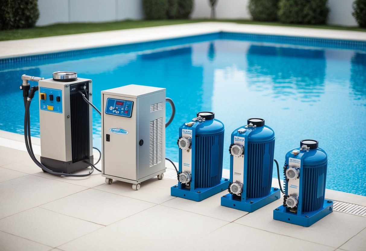 A modern pool area with various types of advanced oxidation equipment, including UV and ozone generators, alongside a clean and sparkling pool