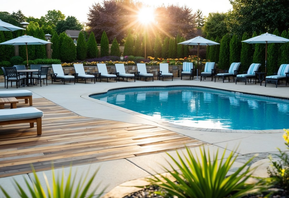 A pool area with various decking materials such as wood, concrete, and stone, surrounded by lounge chairs and umbrellas. The pool is sparkling under the sun, with lush landscaping in the background