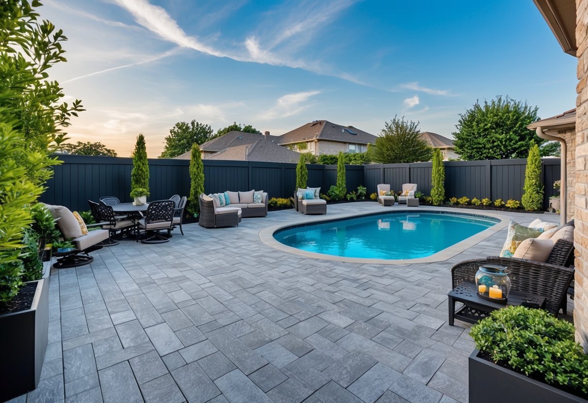 A pool area with a durable and low-maintenance deck and patio material, such as composite decking or stamped concrete, surrounded by lush landscaping and outdoor furniture