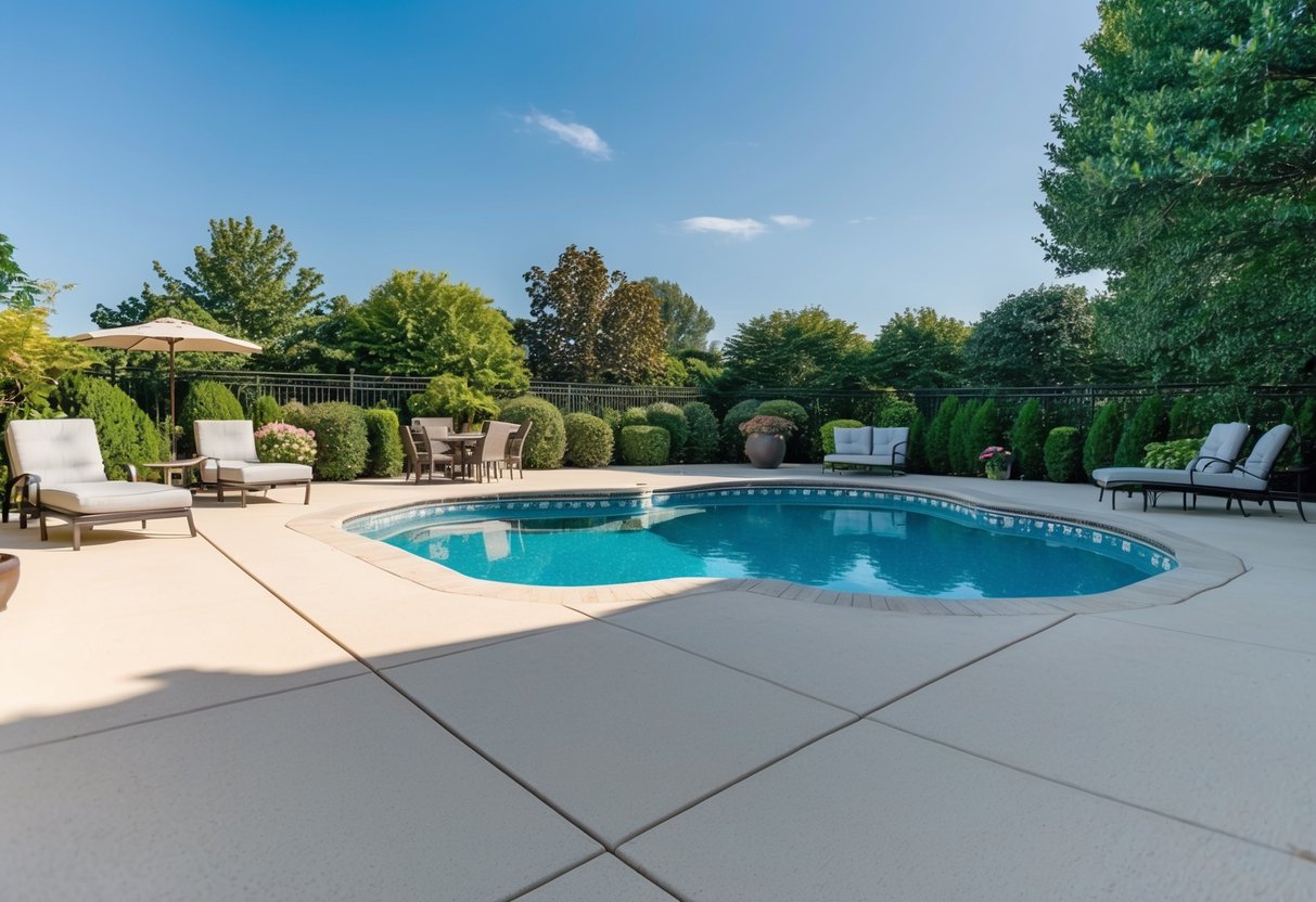 A spacious pool area with a sturdy, non-slip deck and comfortable patio furniture surrounded by lush greenery and a clear blue sky