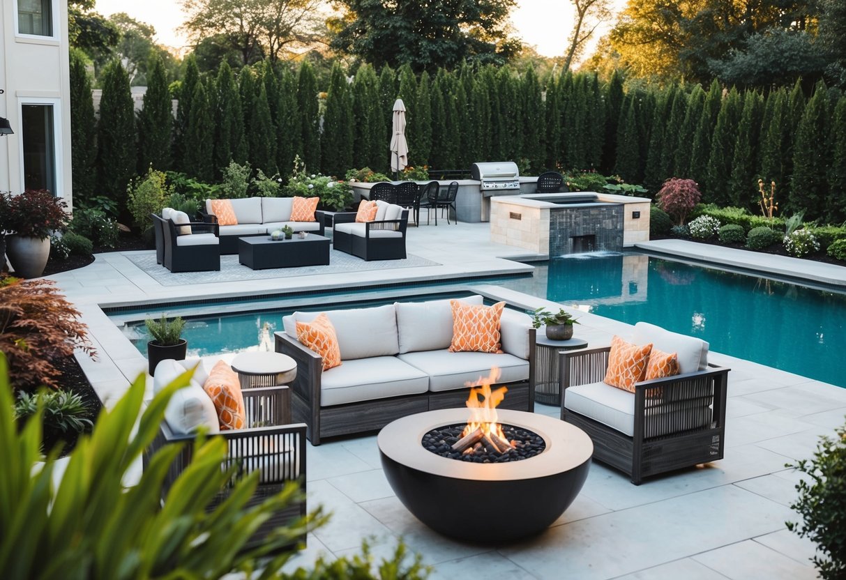 A pool deck with modern furniture, surrounded by lush landscaping and a stylish patio with a fire pit, creating a luxurious and inviting pool area