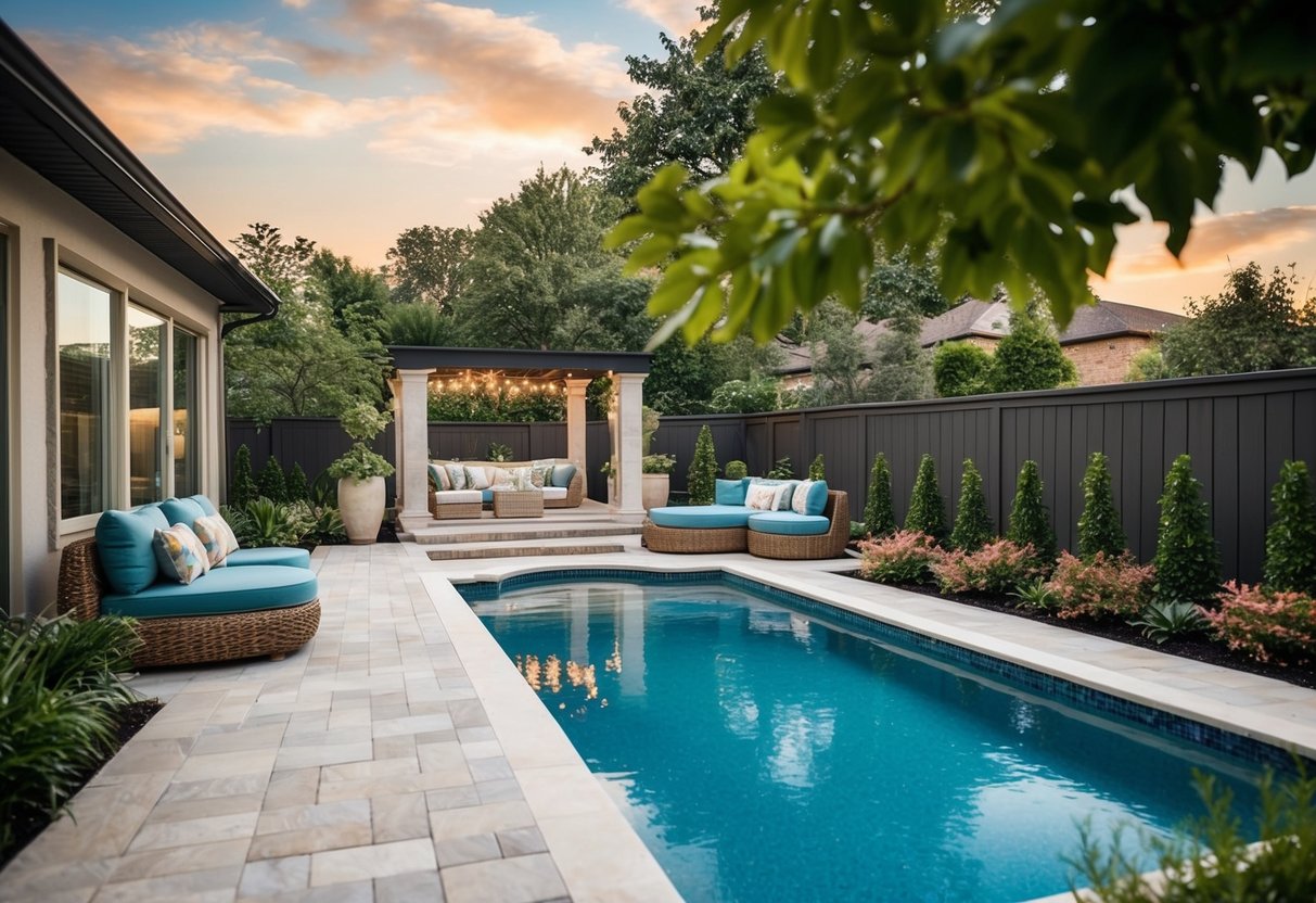 A pool area with a stylish deck and patio design, featuring comfortable seating, decorative lighting, and lush landscaping for a functional and aesthetic space