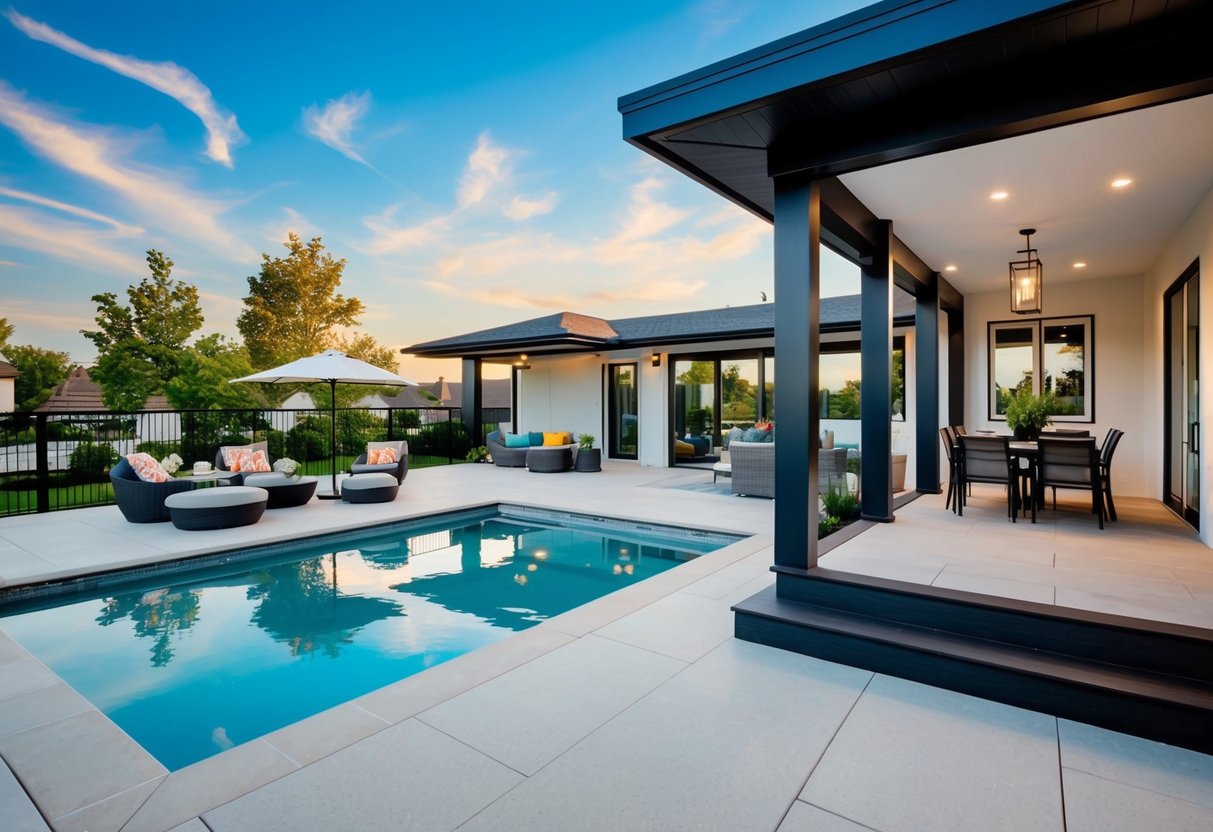 A modern pool area with a stylish deck and patio design, featuring creative elements for a unique outdoor living experience