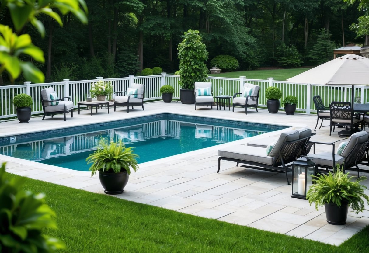 A well-maintained deck and patio surrounding a pristine pool, with clean furniture and lush greenery