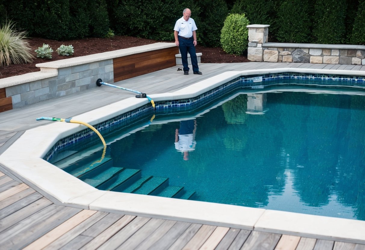 A pool deck with various materials (concrete, wood, stone) surrounding a clean, well-maintained pool. A structural inspection is being conducted to ensure safety and integrity