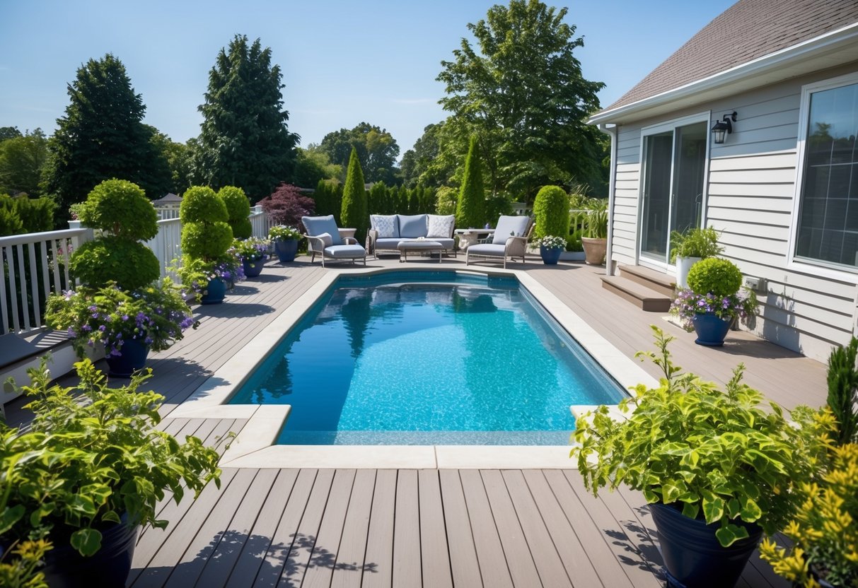 A clean, well-maintained deck and patio surrounding a sparkling pool, with carefully pruned plants and fresh furniture creating a welcoming and relaxing outdoor living space