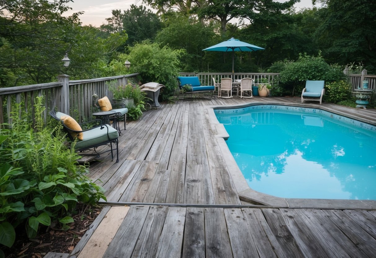 A pool area with a weathered deck and patio in need of restoration. The pool is surrounded by worn-out furniture and overgrown plants