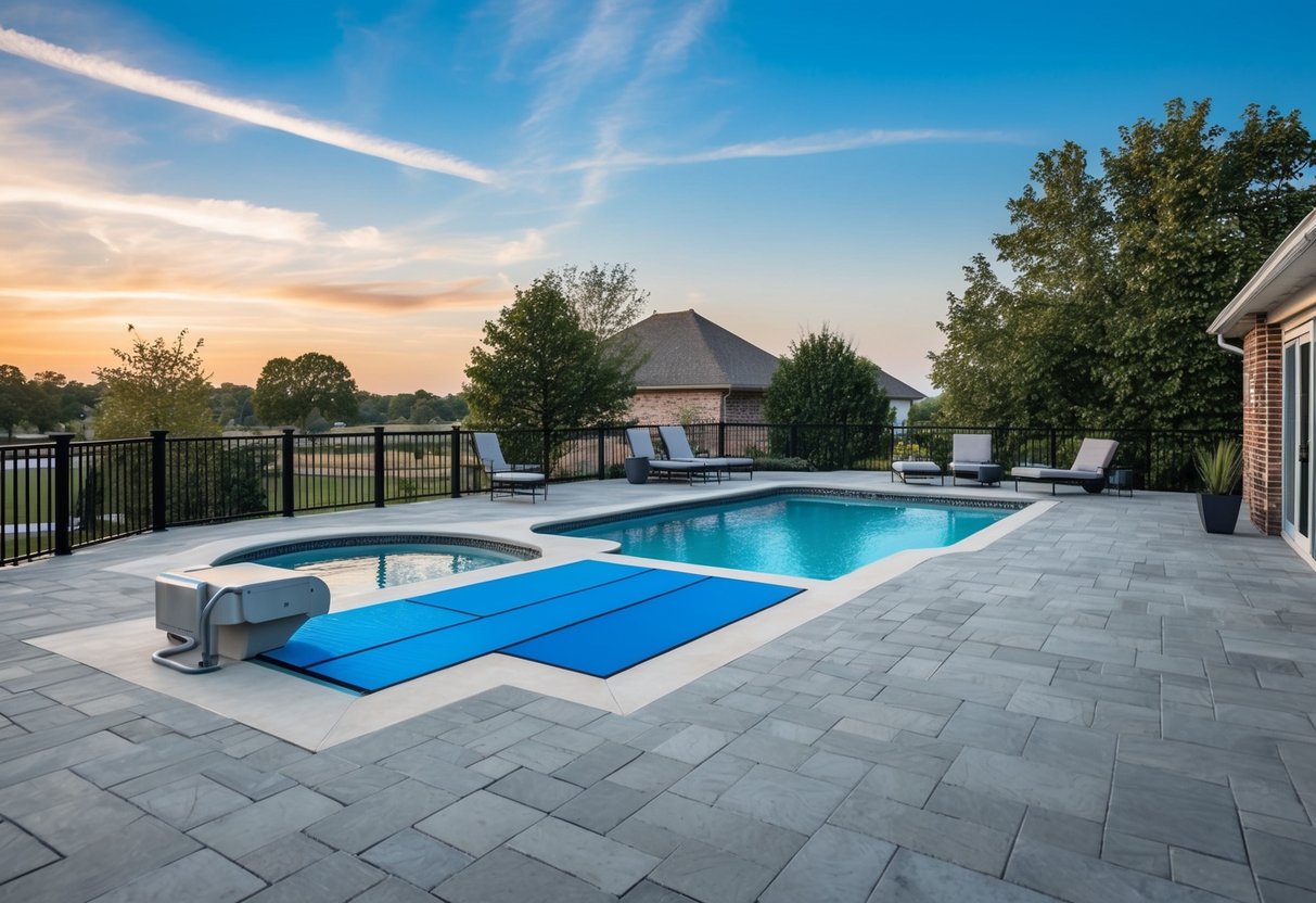 A pool area with a renovated deck and patio, featuring modern technology such as smart lighting and automated pool covers