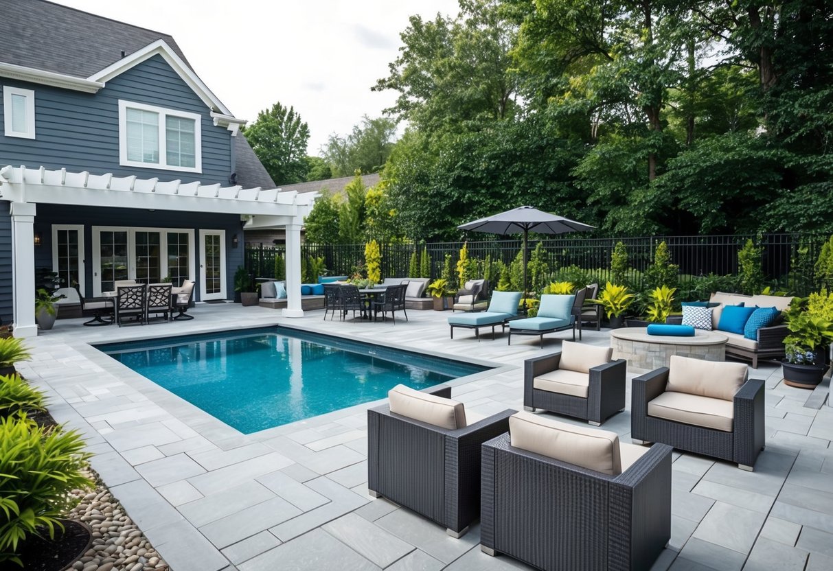 A pool area with a newly upgraded deck and patio, featuring modern and durable materials, surrounded by lush landscaping and comfortable outdoor furniture