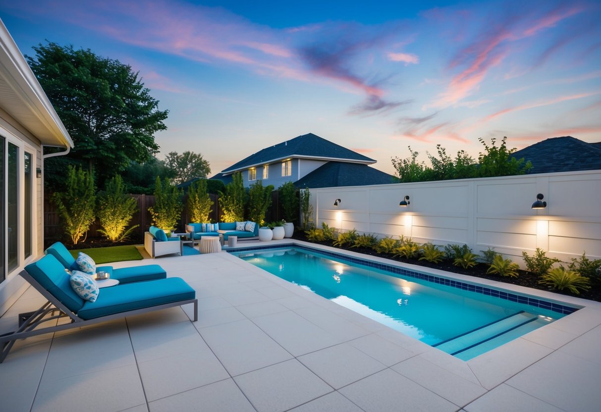 A newly renovated pool deck featuring non-slip surfaces, modern furniture, lush landscaping, and stylish lighting