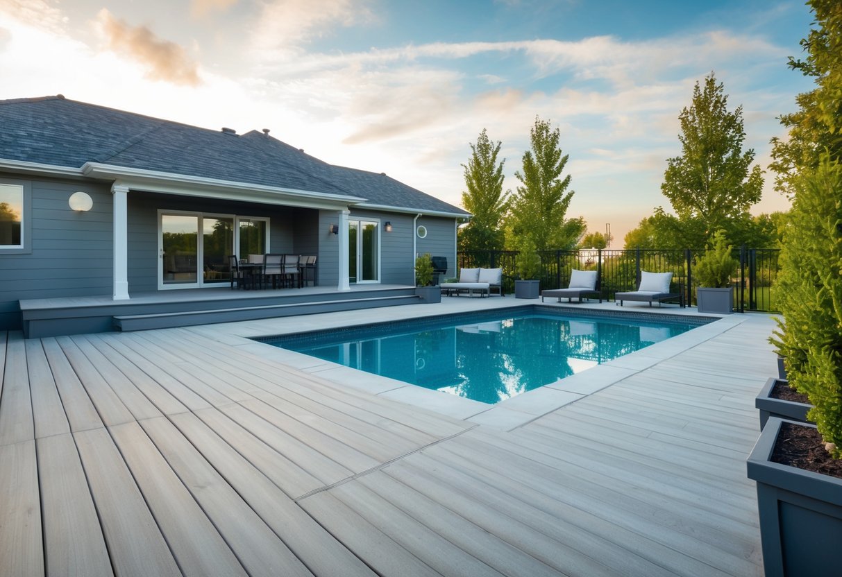 A modern, renovated deck and patio surrounding a sparkling pool, featuring durable and stylish materials for enhanced safety and aesthetics