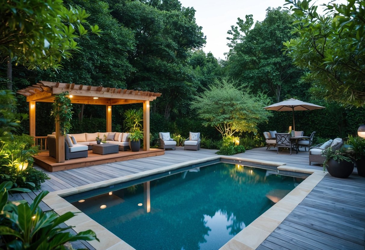 A serene outdoor oasis with a restored deck and patio surrounding a sparkling pool. Lush greenery, comfortable seating, and ambient lighting create a relaxing atmosphere