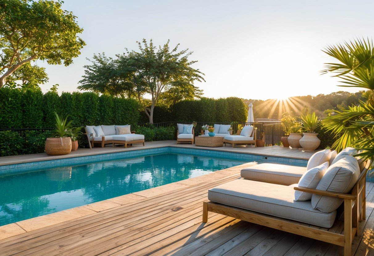 A serene poolside oasis with restored deck and patio, featuring cozy seating, lush greenery, and a sparkling pool under the warm sun