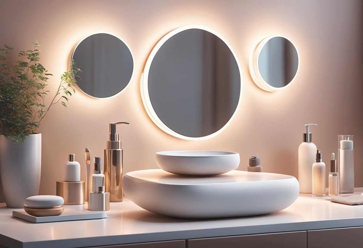 A sleek, modern bathroom counter with AI beauty gadgets and devices neatly arranged, glowing softly in the ambient light