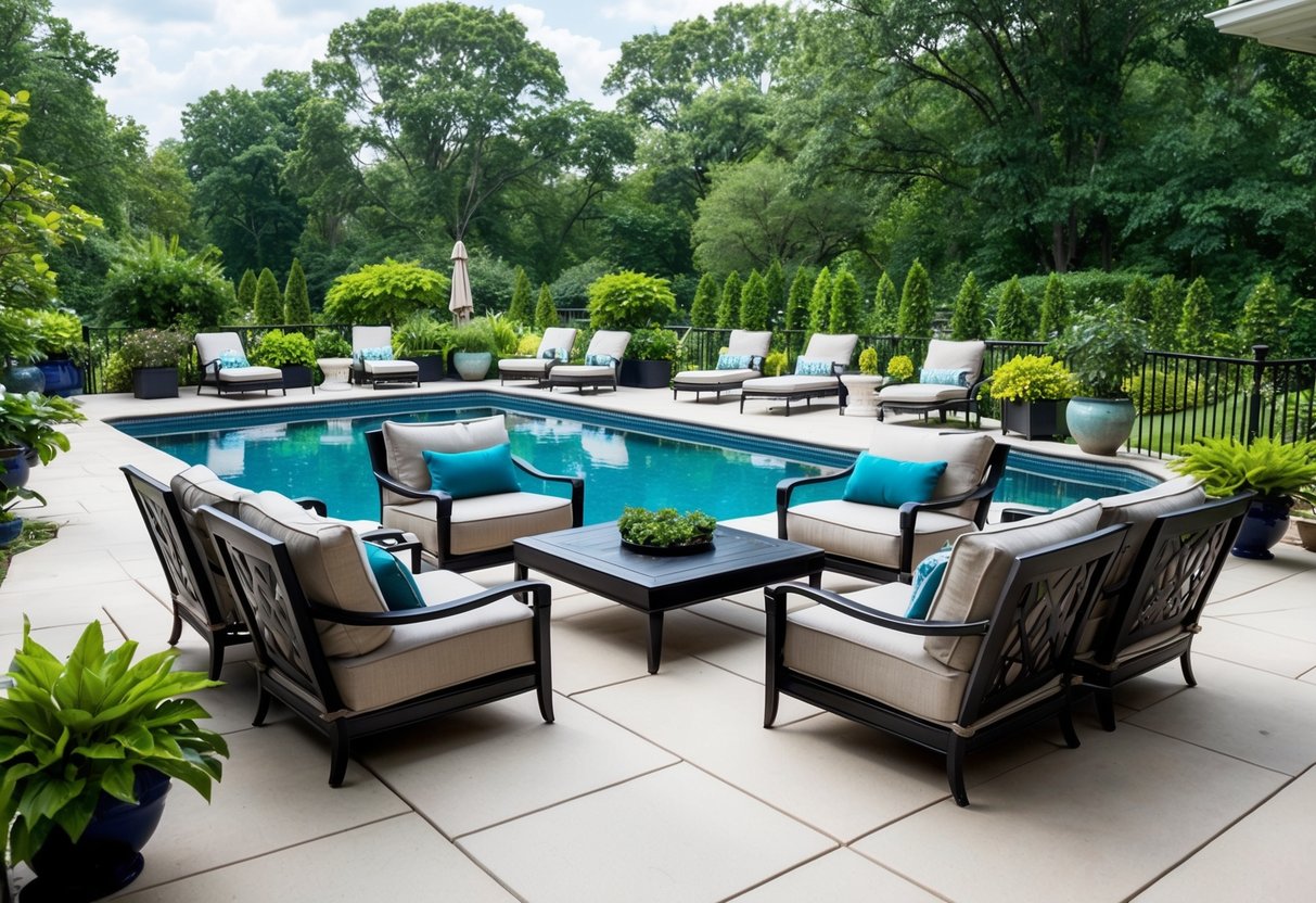 A spacious outdoor deck and patio with luxurious furniture, surrounded by a restored pool and lush greenery, creating a relaxing oasis