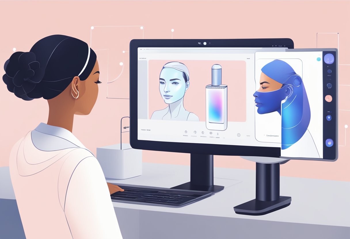 A sleek, modern AI-powered skincare device scanning a user's face for personalized beauty recommendations