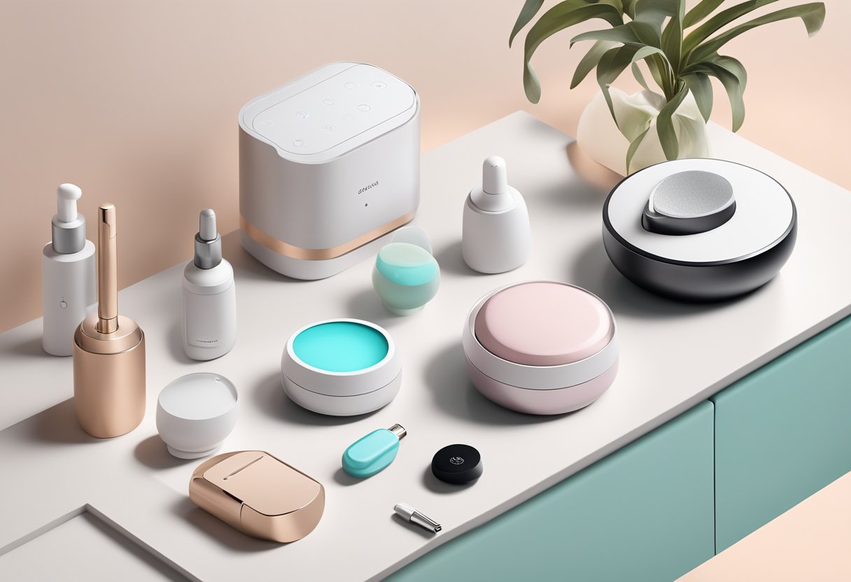 A sleek AI-powered skincare device surrounded by various beauty gadgets and tools on a clean, modern countertop