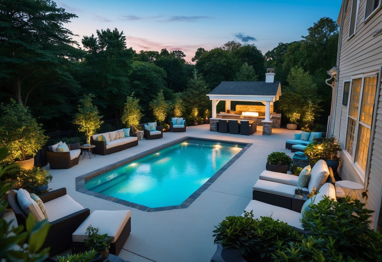 A spacious deck and patio surround a sparkling pool, complete with comfortable seating, lush greenery, and stylish outdoor lighting for maximum impact and functionality