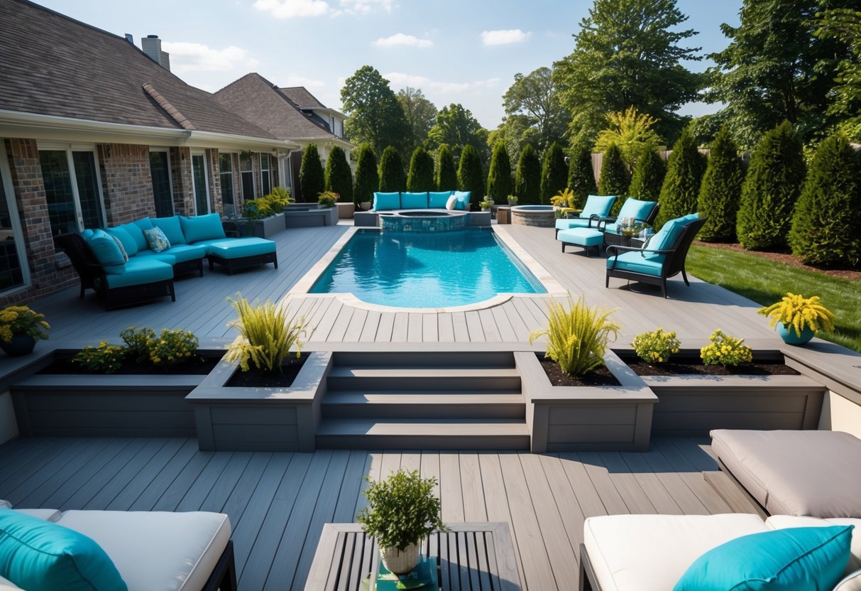 A spacious deck and patio surround a sparkling pool, featuring upgraded seating areas, built-in planters, and functional storage solutions