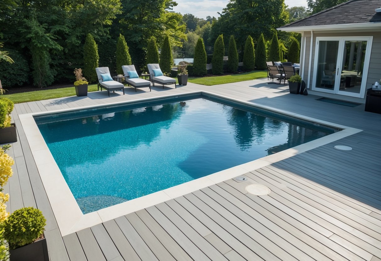 A spacious deck and patio surround a sleek pool, complete with modern amenities and features for maximum functionality and enjoyment