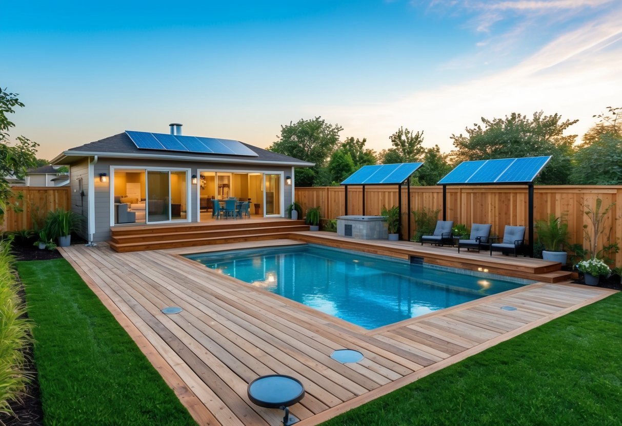 A pool deck and patio featuring recycled wood, solar panels, and native plants, with a rainwater collection system and energy-efficient lighting