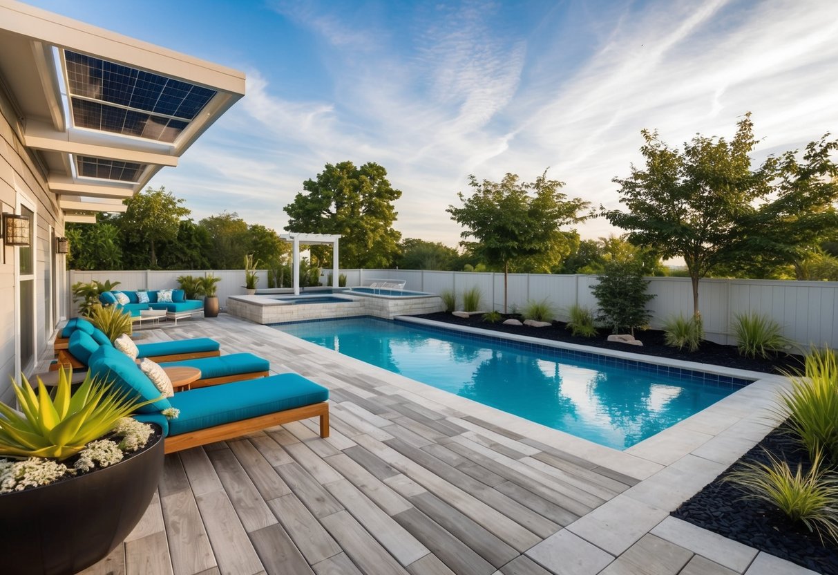 The pool area's deck and patio feature eco-friendly materials and technologies, with sustainable elements like solar panels, recycled wood, and native plant landscaping