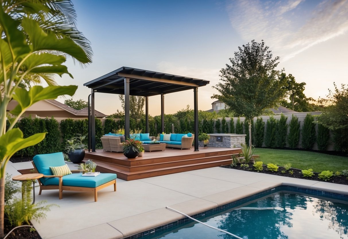 A pool area with a deck and patio featuring sustainable and eco-friendly elements such as solar-powered lighting, native plant landscaping, and a rainwater collection system