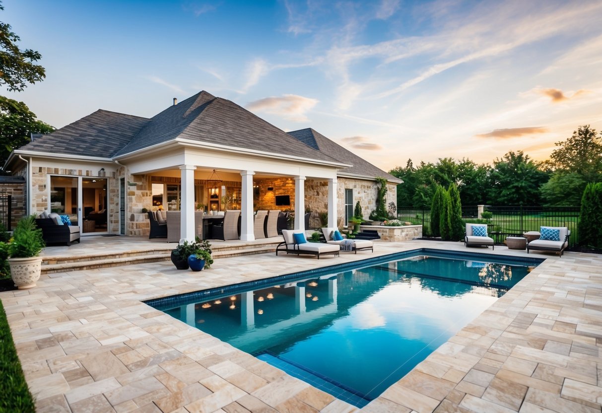 A spacious pool deck with stylish stone tiles and a custom-designed patio layout with comfortable seating and lush landscaping