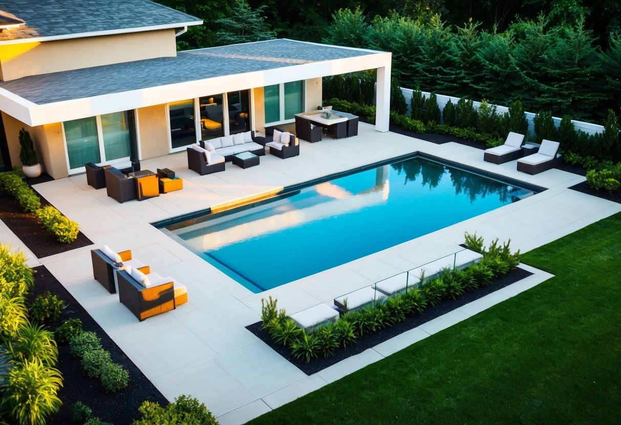 A pool deck and patio layout with modern furniture, lush landscaping, and a sleek design to complement the pool