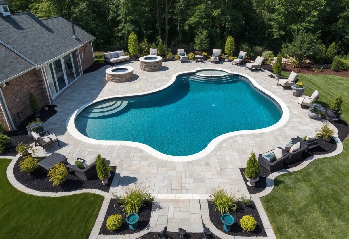 A unique pool shape surrounded by a custom deck and patio layout, with various seating areas, greenery, and decorative accents to complement the design