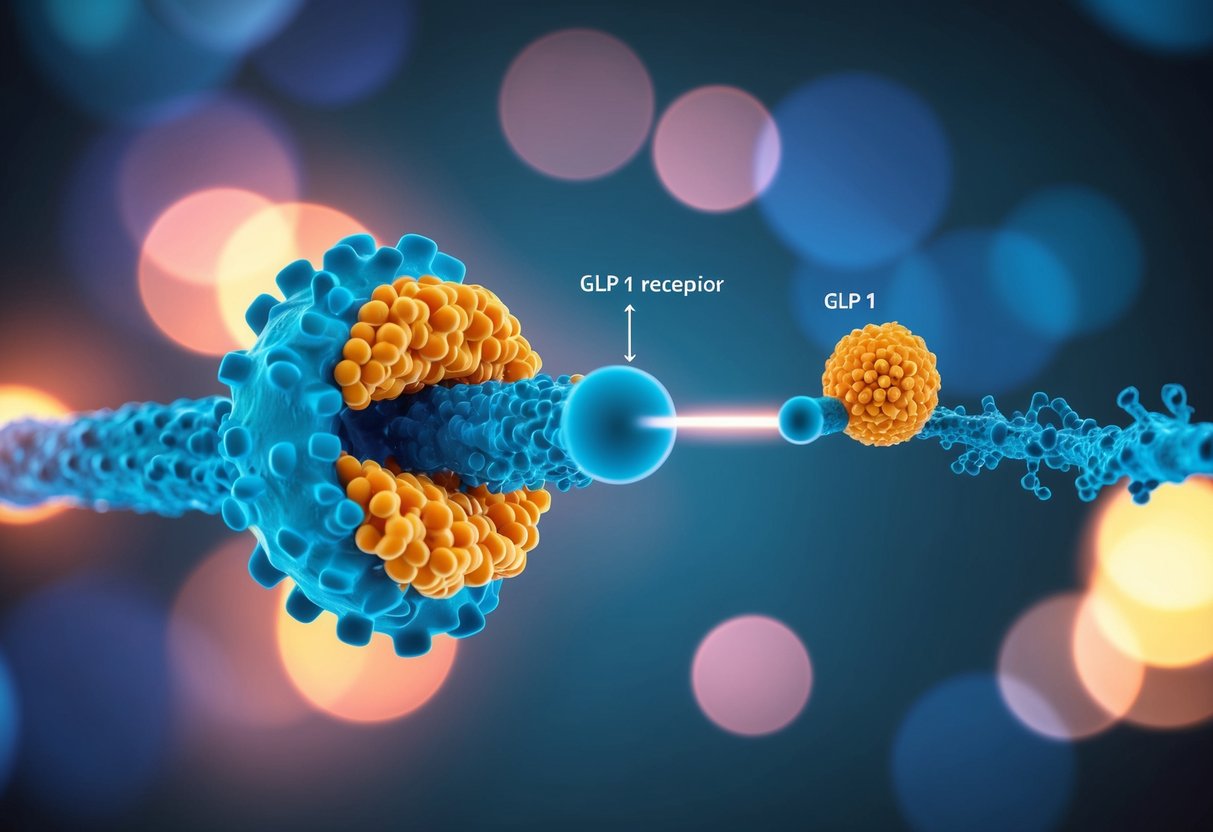 A detailed illustration of the GLP-1 receptor and its binding with GLP-1, showcasing the structural and functional aspects of the receptor