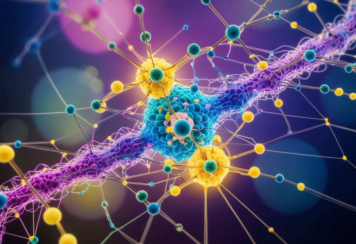 A colorful and intricate web of interconnected pathways and receptors, representing the complex signaling pathways activated by GLP-1 receptor agonism