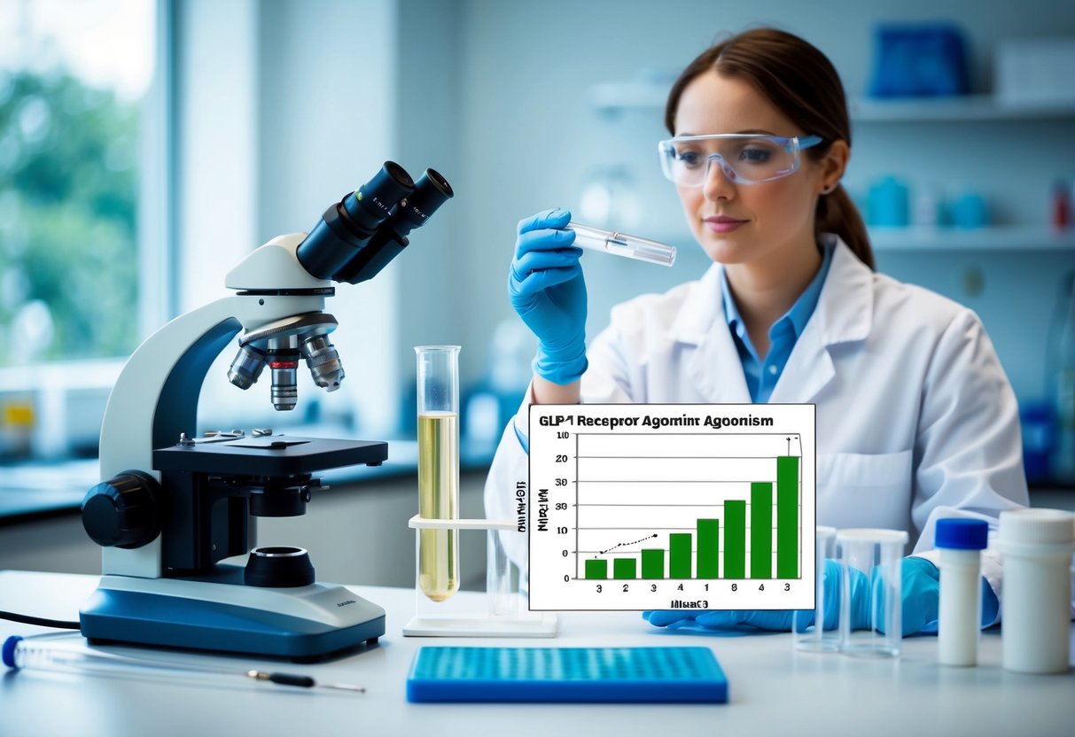 A laboratory setting with a microscope, test tubes, and scientific equipment. A graph showing the impact of GLP-1 receptor agonism on insulin secretion