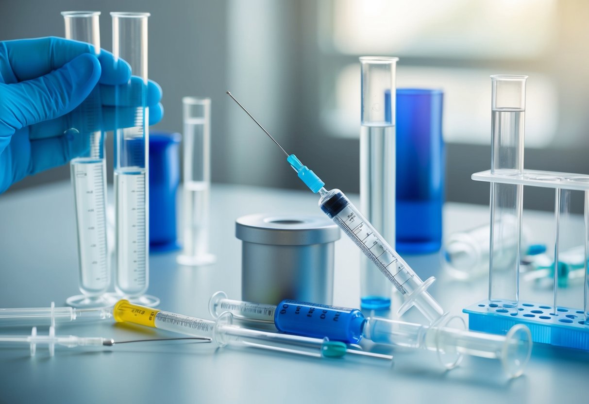 A laboratory setting with test tubes, syringes, and scientific equipment, illustrating the pharmacology of GLP-1 receptor agonists and their role in suppressing glucagon