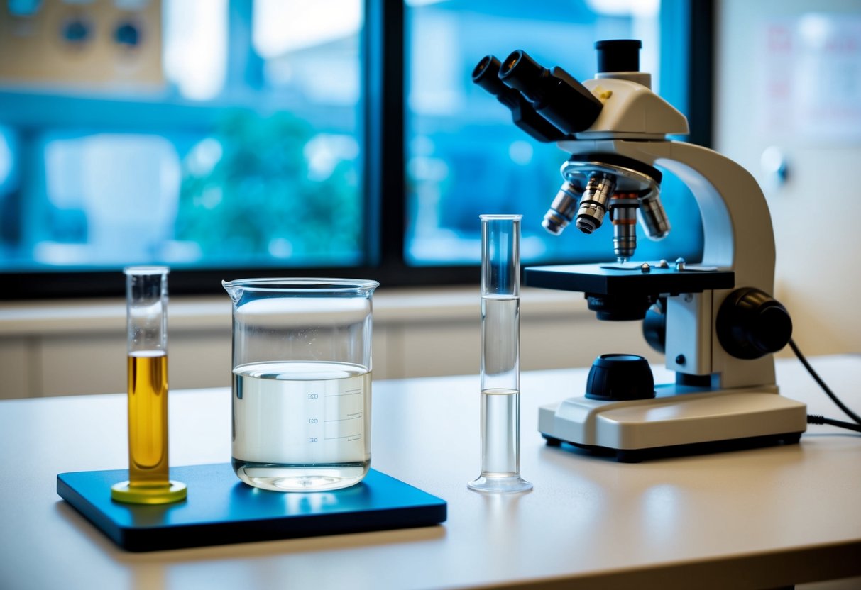 A laboratory setting with a beaker containing a clear liquid, a test tube, and a microscope on a table