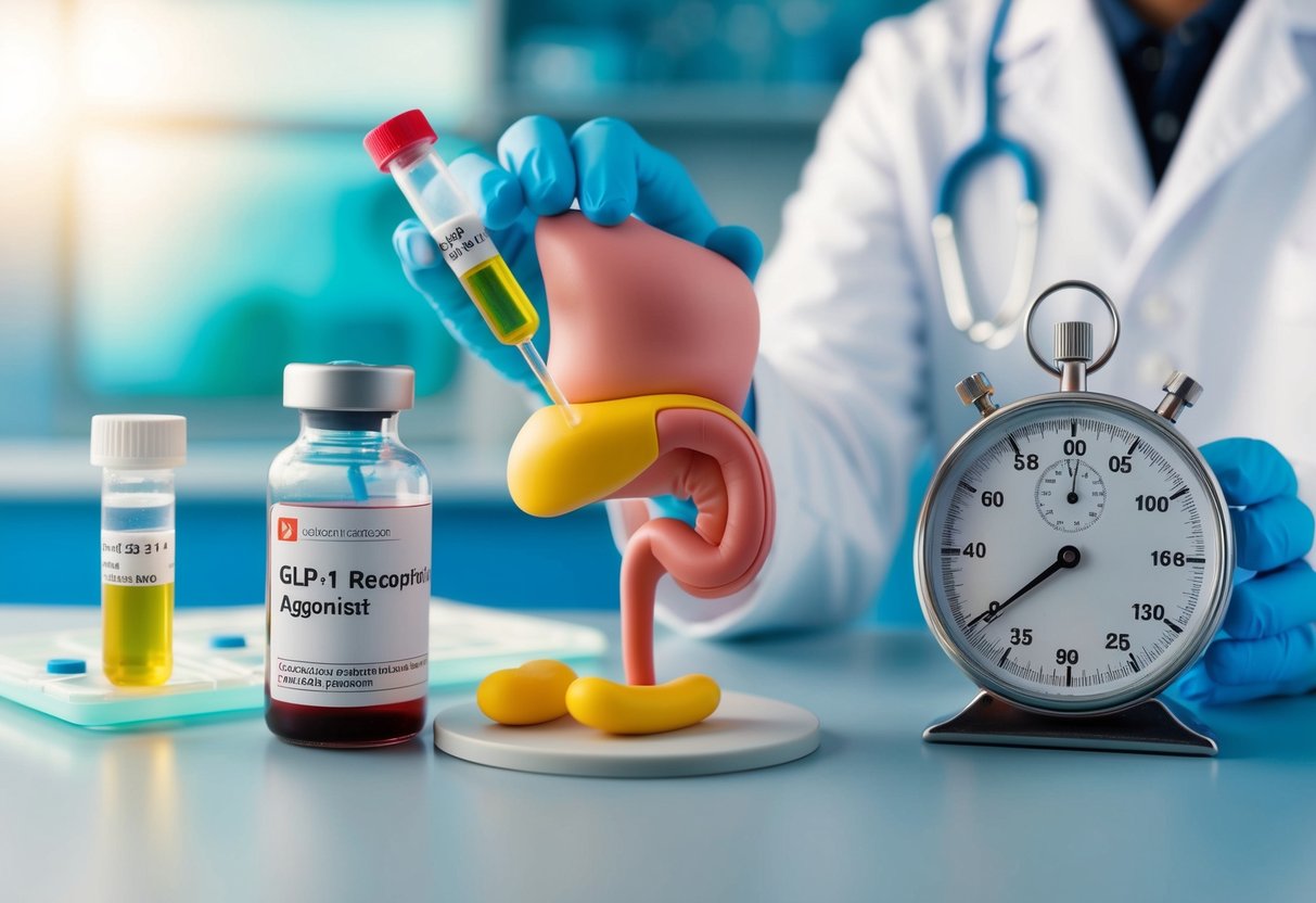 A lab setting with a vial of GLP-1 receptor agonist, a model of the stomach, and a stopwatch measuring gastric emptying