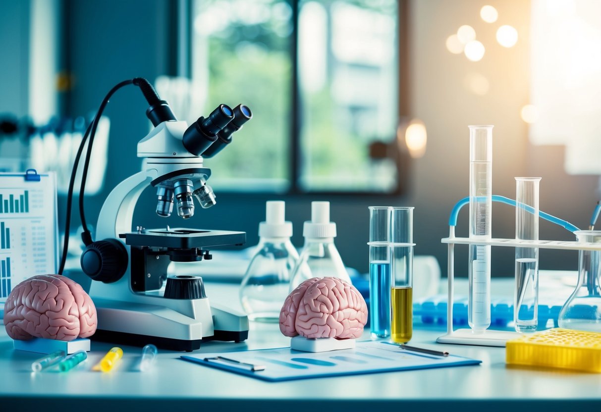 A laboratory setting with a microscope, test tubes, and brain models, surrounded by scientific equipment and charts