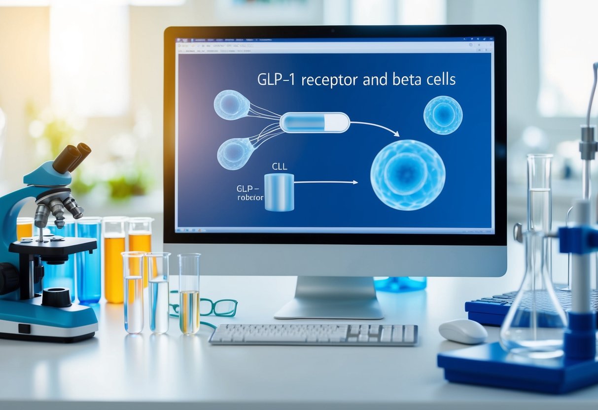 A laboratory setting with test tubes, microscopes, and scientific equipment. A diagram of the GLP-1 receptor and beta cells is displayed on a computer screen