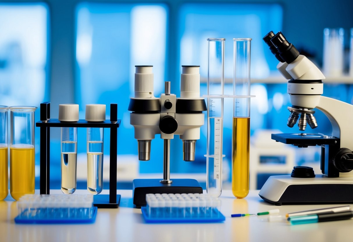 A laboratory setting with test tubes, microscopes, and scientific equipment to depict research on GLP-1 receptor agonists and beta cell proliferation